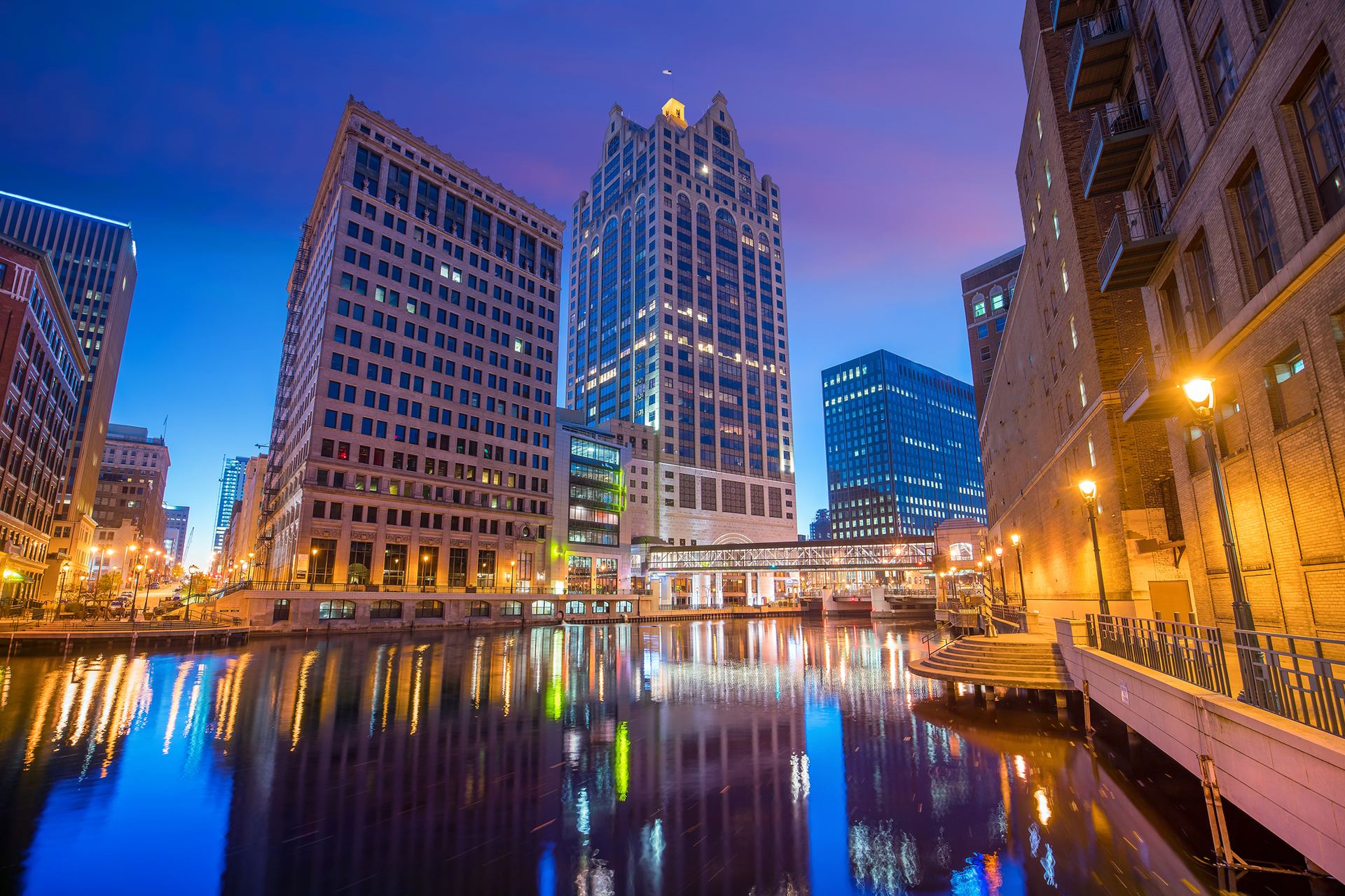 The Milwaukee RiverWalk at dusk